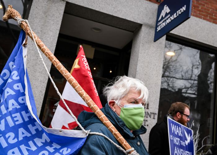 Massachusetts Peace Action members protest war in Ukraine outside Congressman Moulton’s office