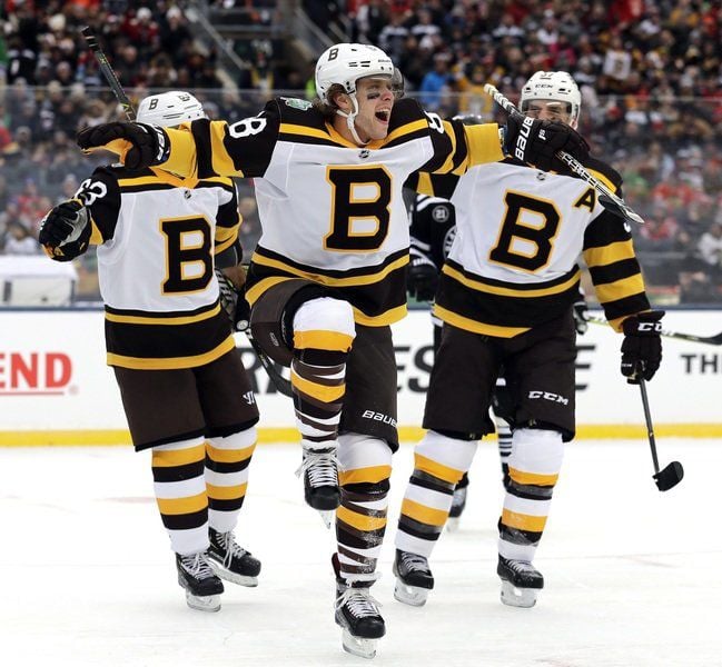 Heading out for Period 2, 2019 NHL Winter Classic. Pastrnak, Marchand, &  Miller.