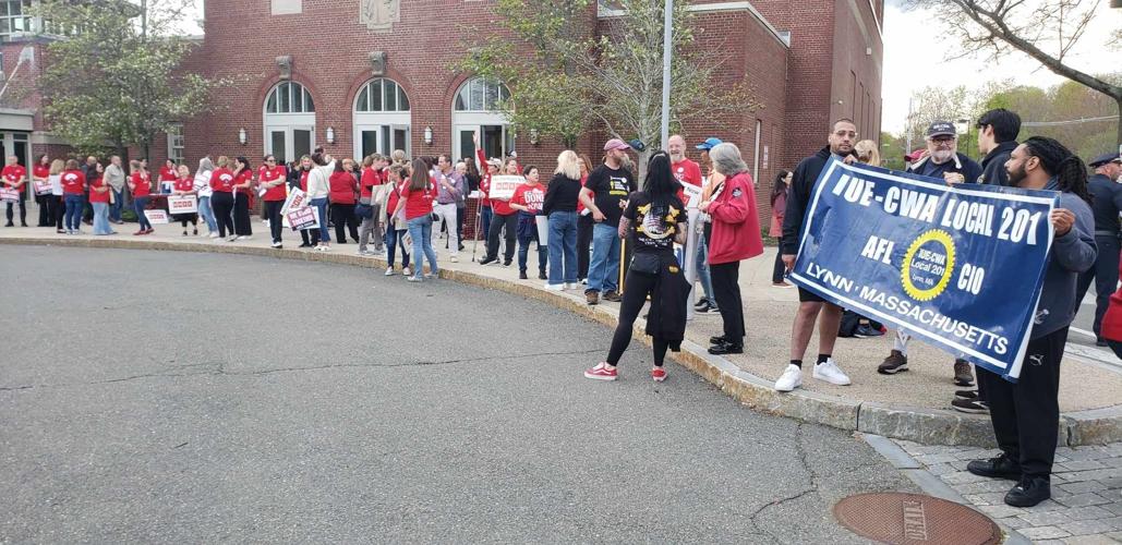 Unions line up outside of Town Meeting in Marblehead