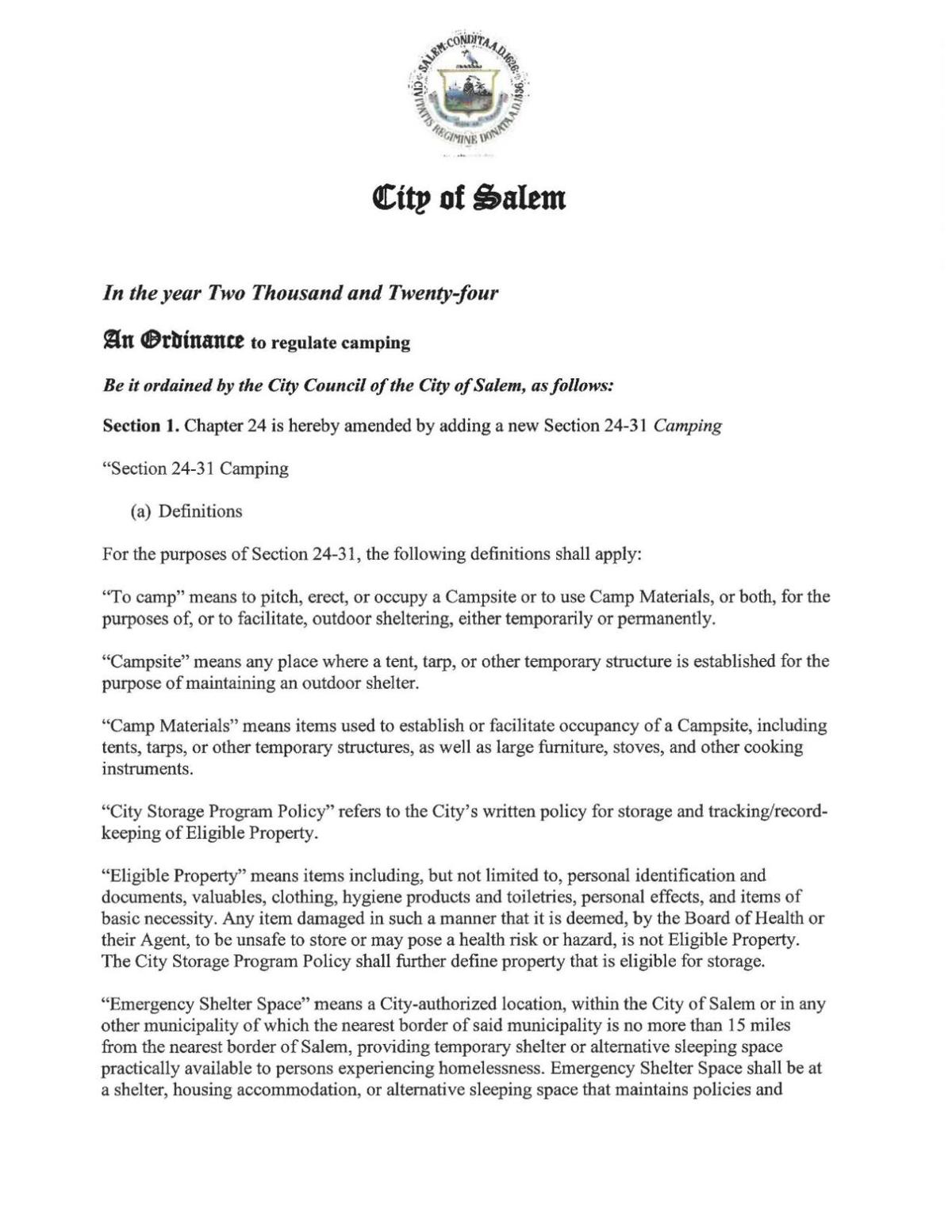 Camping ordinance and mayoral letter | | salemnews.com