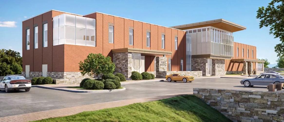 A rendering of the front of a new public safety building planned to go up on Allens Lane behind Peabody's current police station.