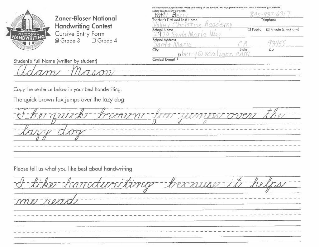 Valley Christian Academy student wins national handwriting contest
