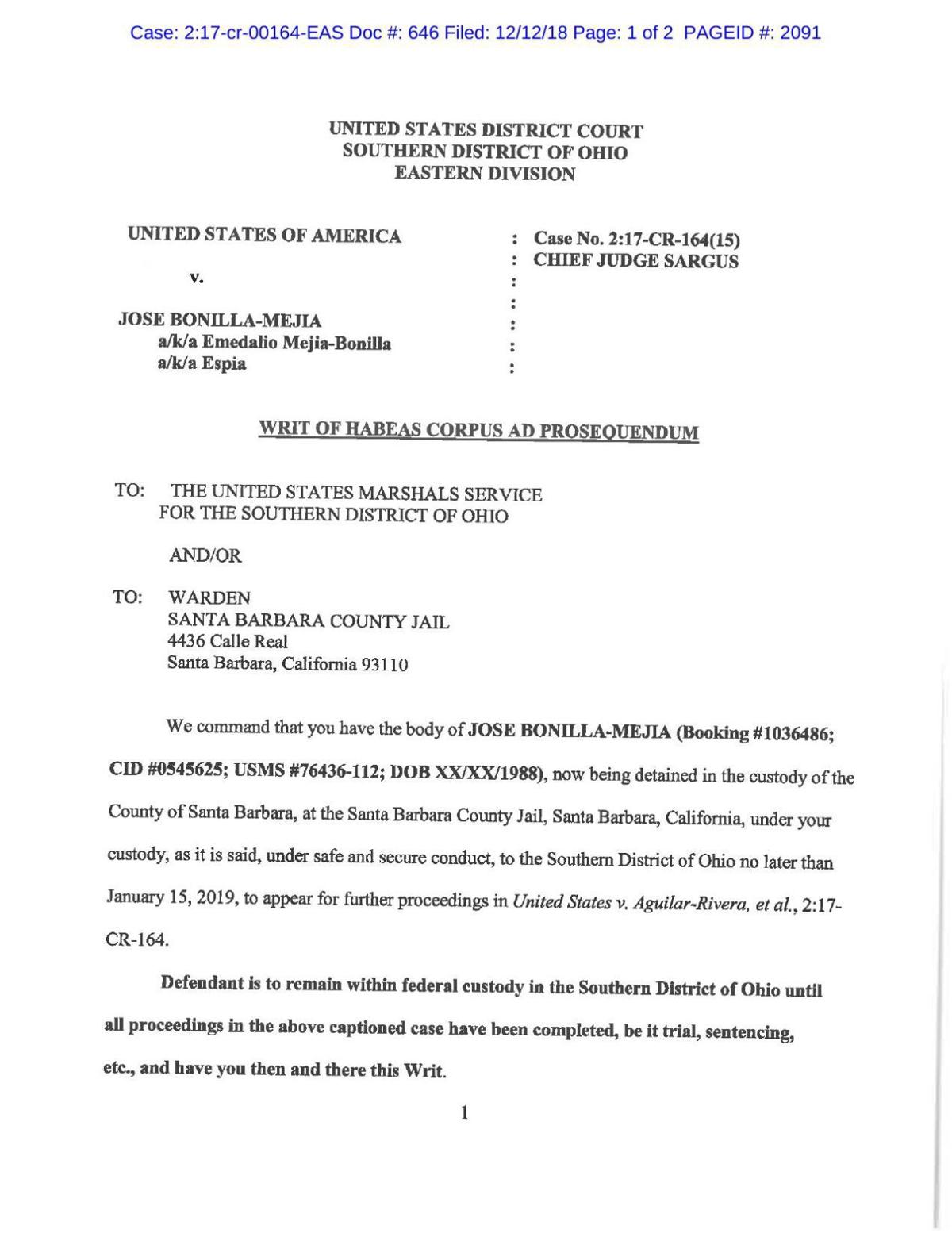 U S District Court Ohio Writ Of Habeas Corpus Ad Prosequendum