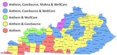 Map shows choice of health insurance companies offering federally subsidized plans in each county.