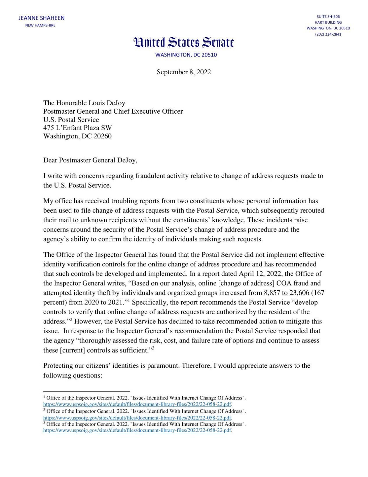 Letter to Postmaster General DeJoy | | sentinelsource.com