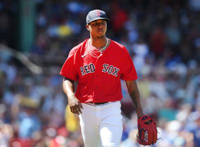 A view of the glove of Brayan Bello of the Boston Red Sox as he