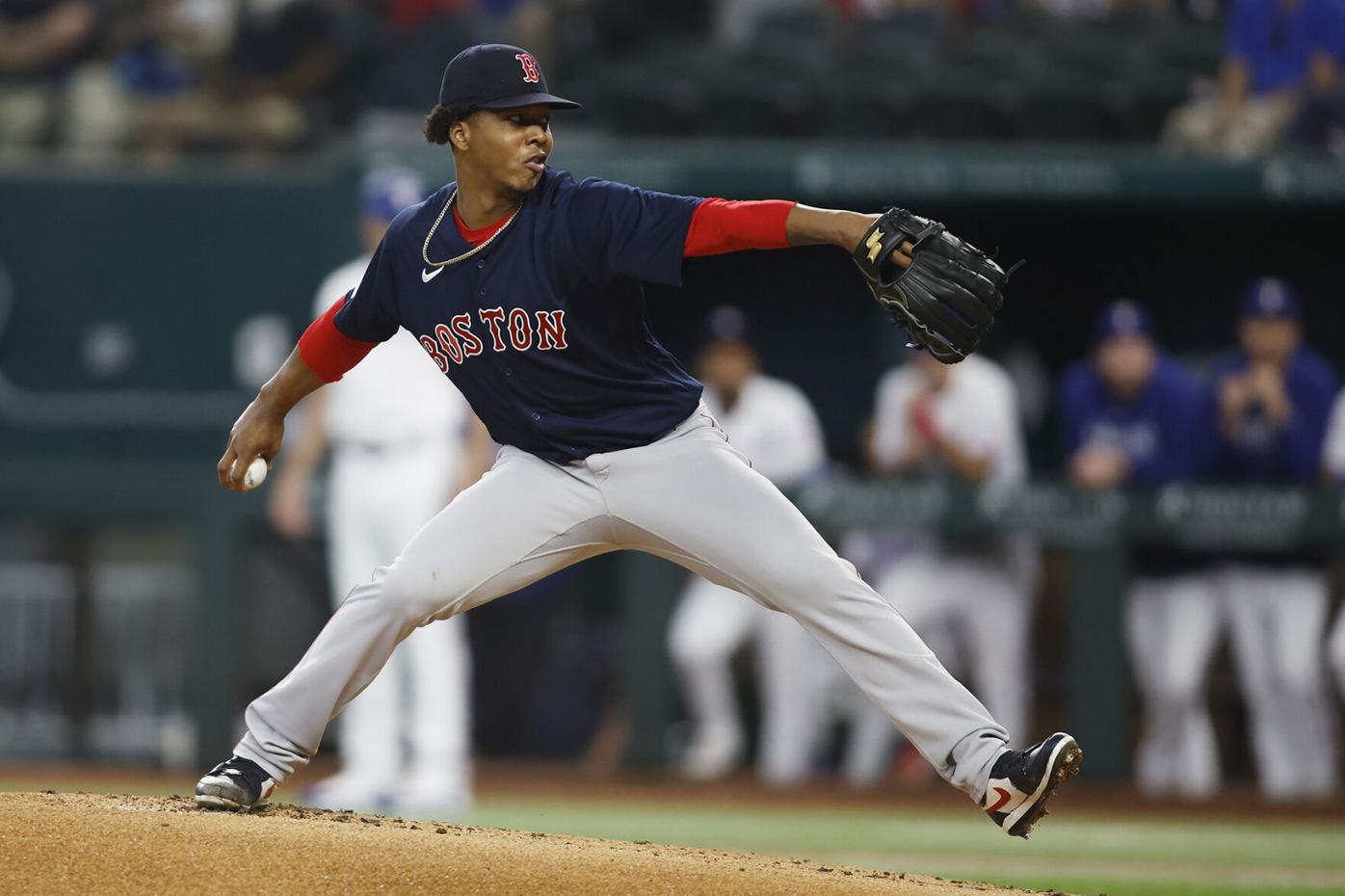 A view of the glove of Brayan Bello of the Boston Red Sox as he