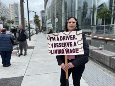 Uber driver Marianna Porras at protest SFE 09102026