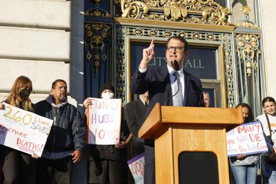 Dean Preston, Supervisor District 5, speaking at the Tenderloin Center closure protest
