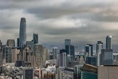 View of downtown San Francisco from the rooftop terrace of 100 Van Ness apartment building