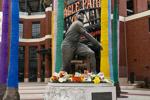 Memorial of flowers for Wille Mays at his statue in front of Oracle Park