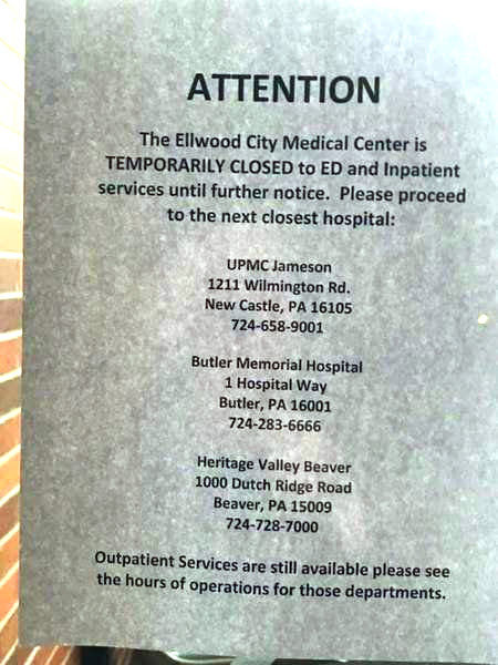 Ellwood hospital ER temporarily closed