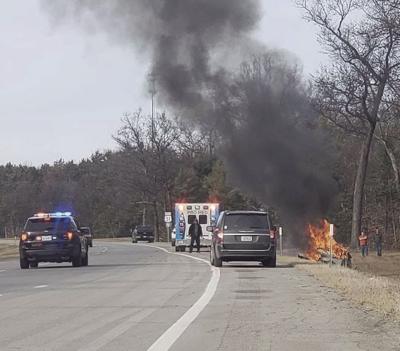 crash driver fiery shorelinemedia burns northbound responders afternoon shoulder stand sunday scene while car