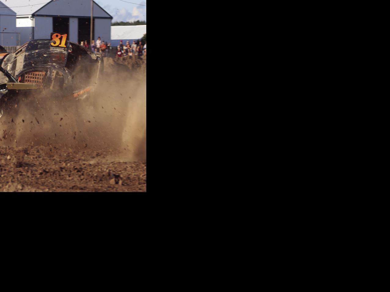Derby time, cars crash, lose tires and flip during
