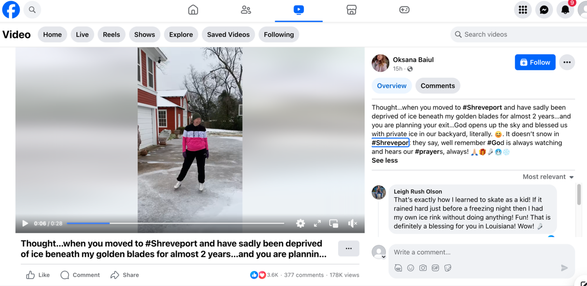 Olympic figure skater shares ice skating video in Shreveport Food