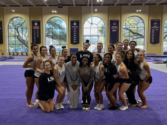 Simone Biles with LSU gymnastics team at practice facility