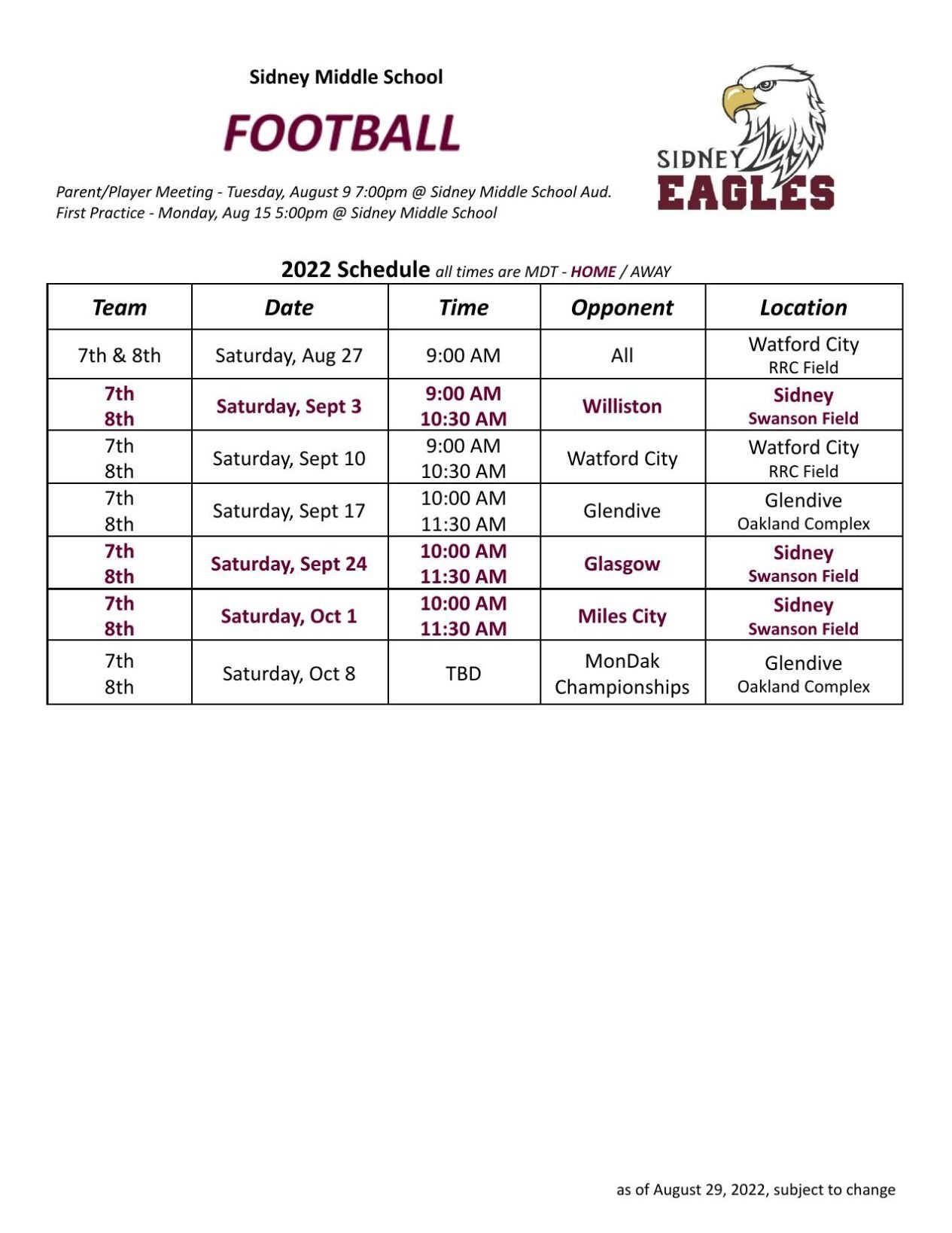Sidney Eagles MS football schedule