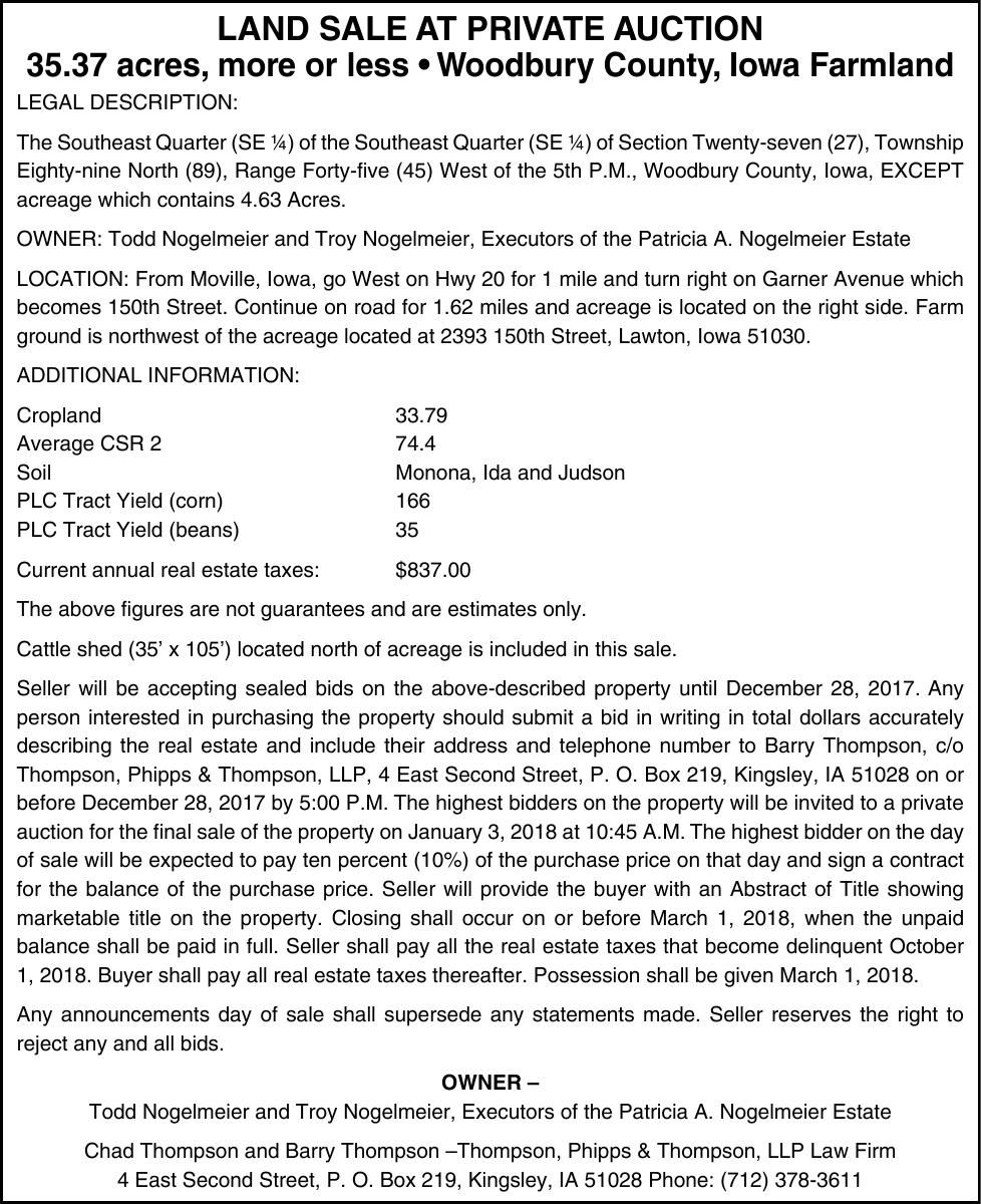 LAND SALE AT PRIVATE AUCTION