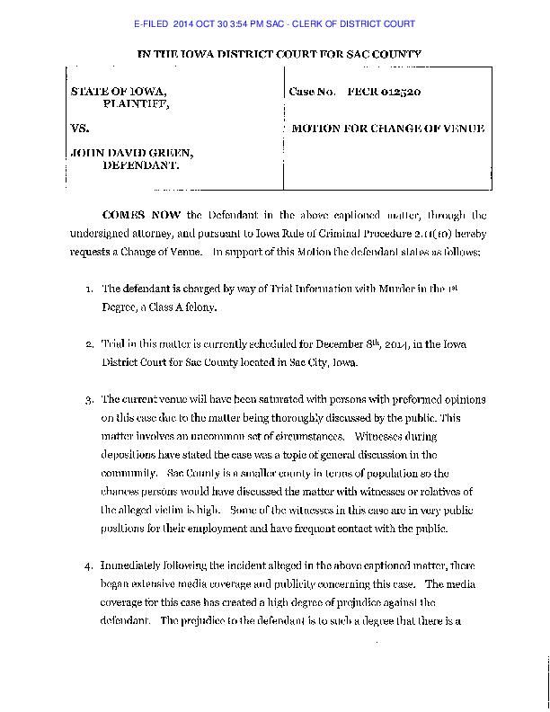 John Green change of venue motion