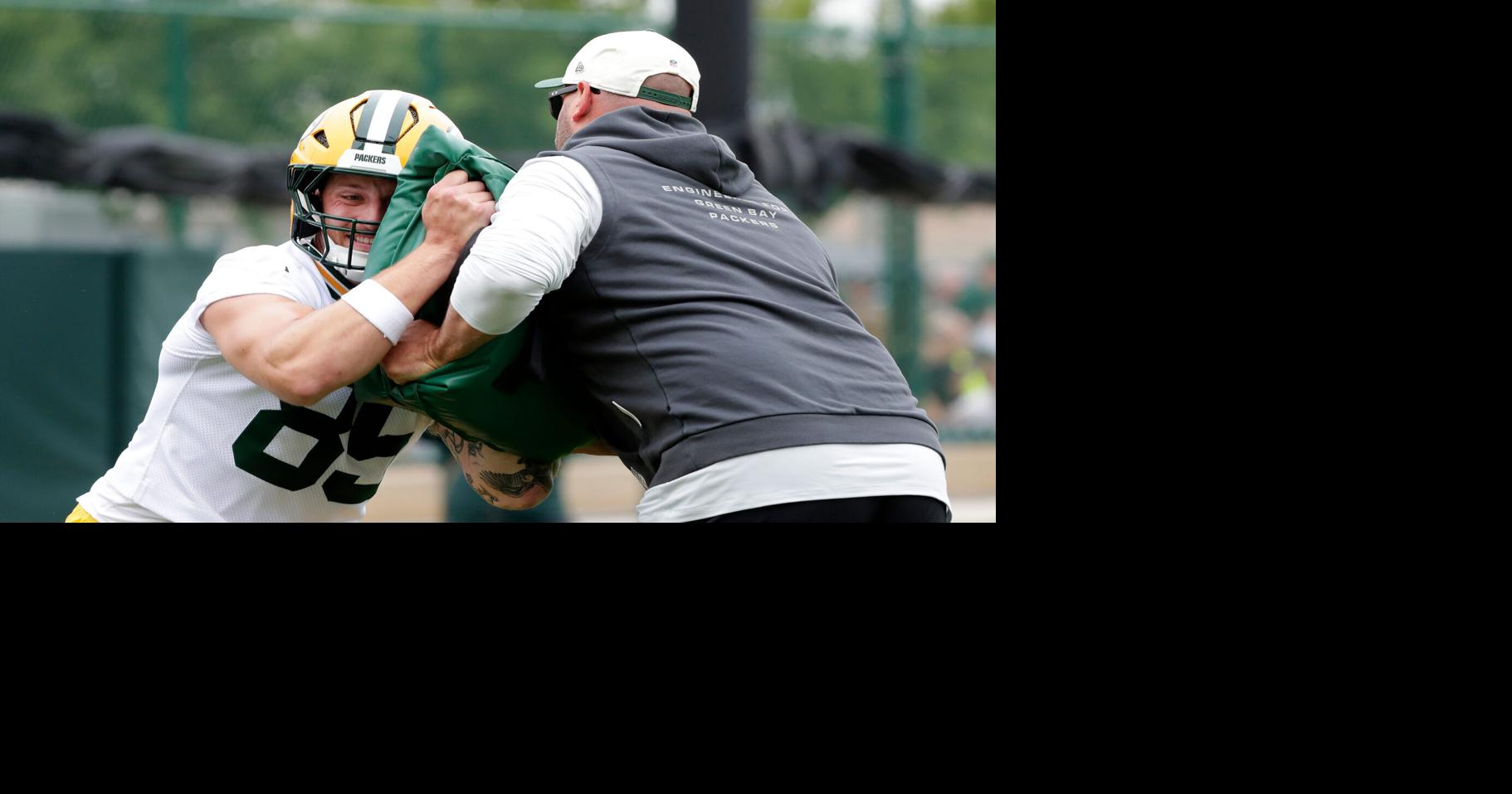 Green Bay Packers tight end Tucker Kraft (85) participates in a drill during the third day of training camp on July 31, 2026, at