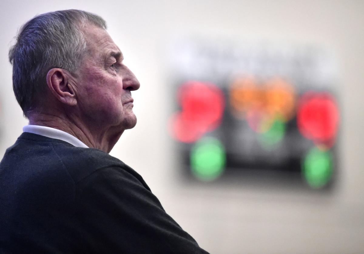 St. Joseph's head coach Jim Calhoun watches his team play against Albertus Magnus in the men's GNAC Championship at Cosgrove Marcus Messer Athletic Center in New Haven Saturday Februrary 23, 2019.