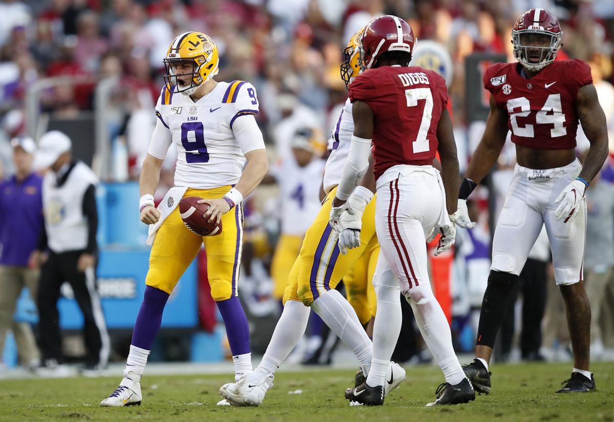 LSU quarterback Joe Burrow (9) reacts during the first half against Alabama at Bryant-Denny Stadium in Tuscaloosa, Ala., on November 9, 2019.