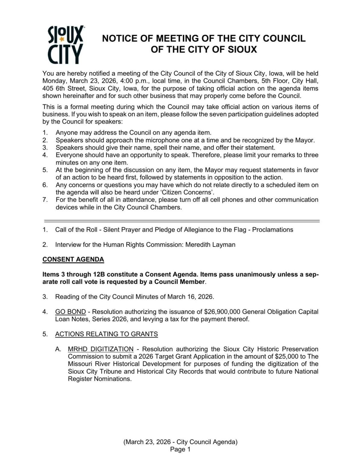 Here’s what’s on the Sioux City Council agenda for March 23, 2026