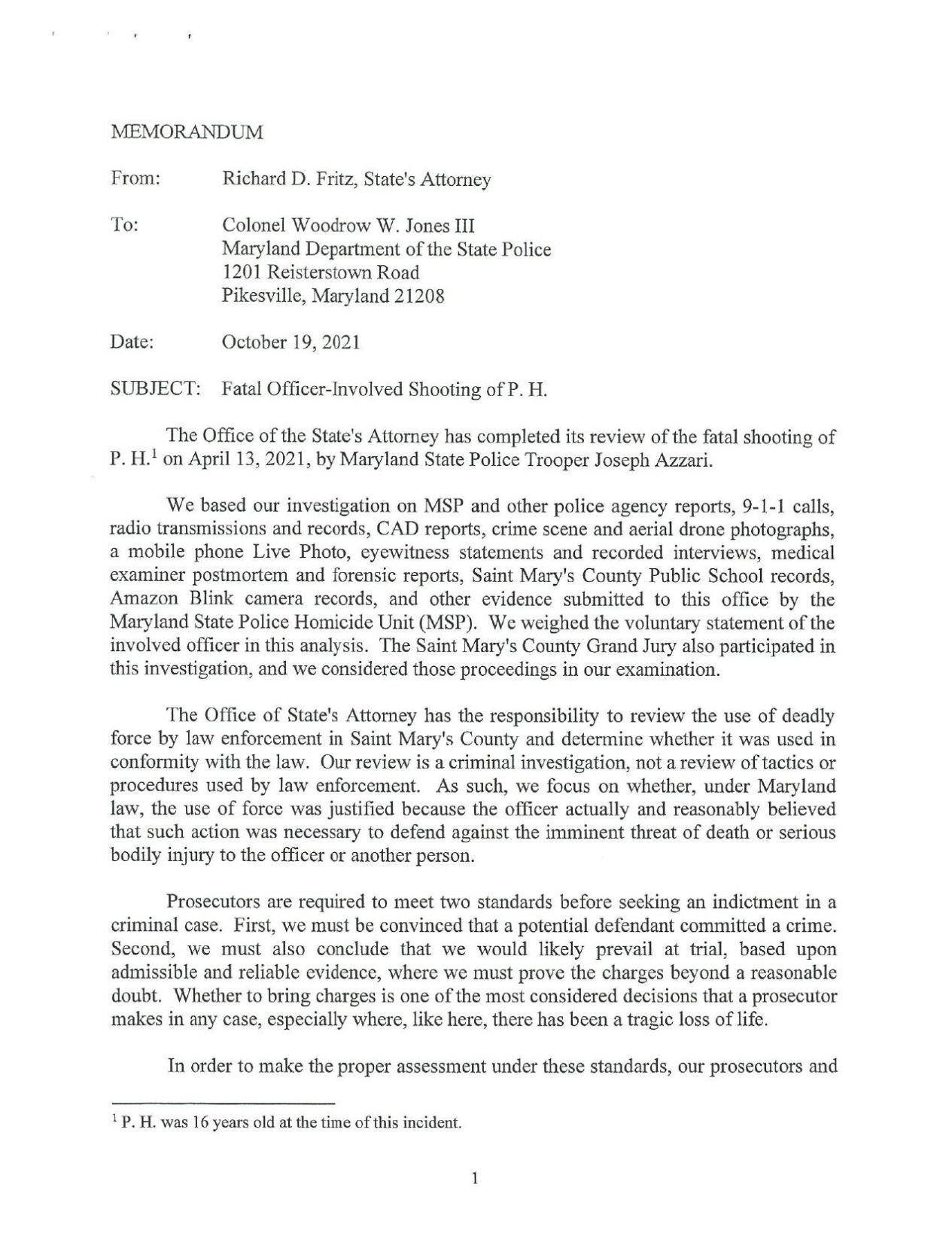 Letter from state's attorney clearing officer in shooting of ...