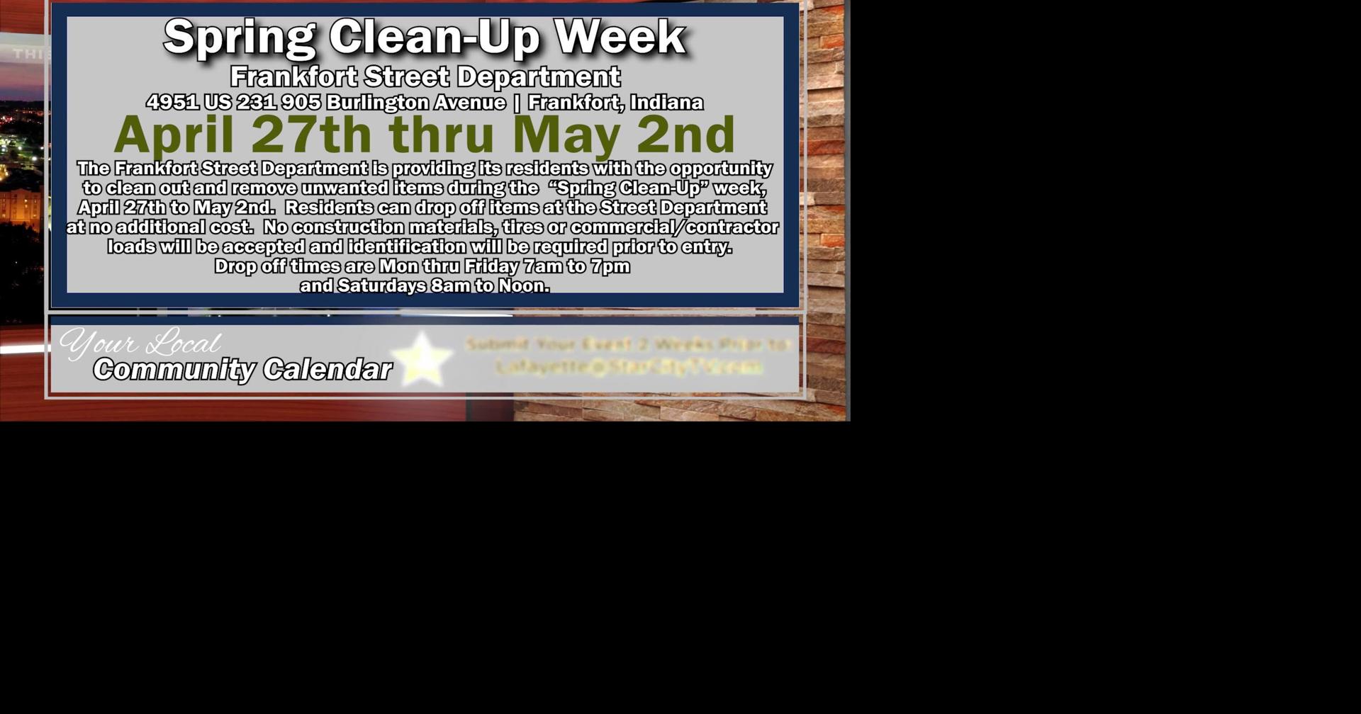 Community Calendar - Frankfort Spring Clean-Up | Union Baptist Lasagna Supper | Menards Pet Drive