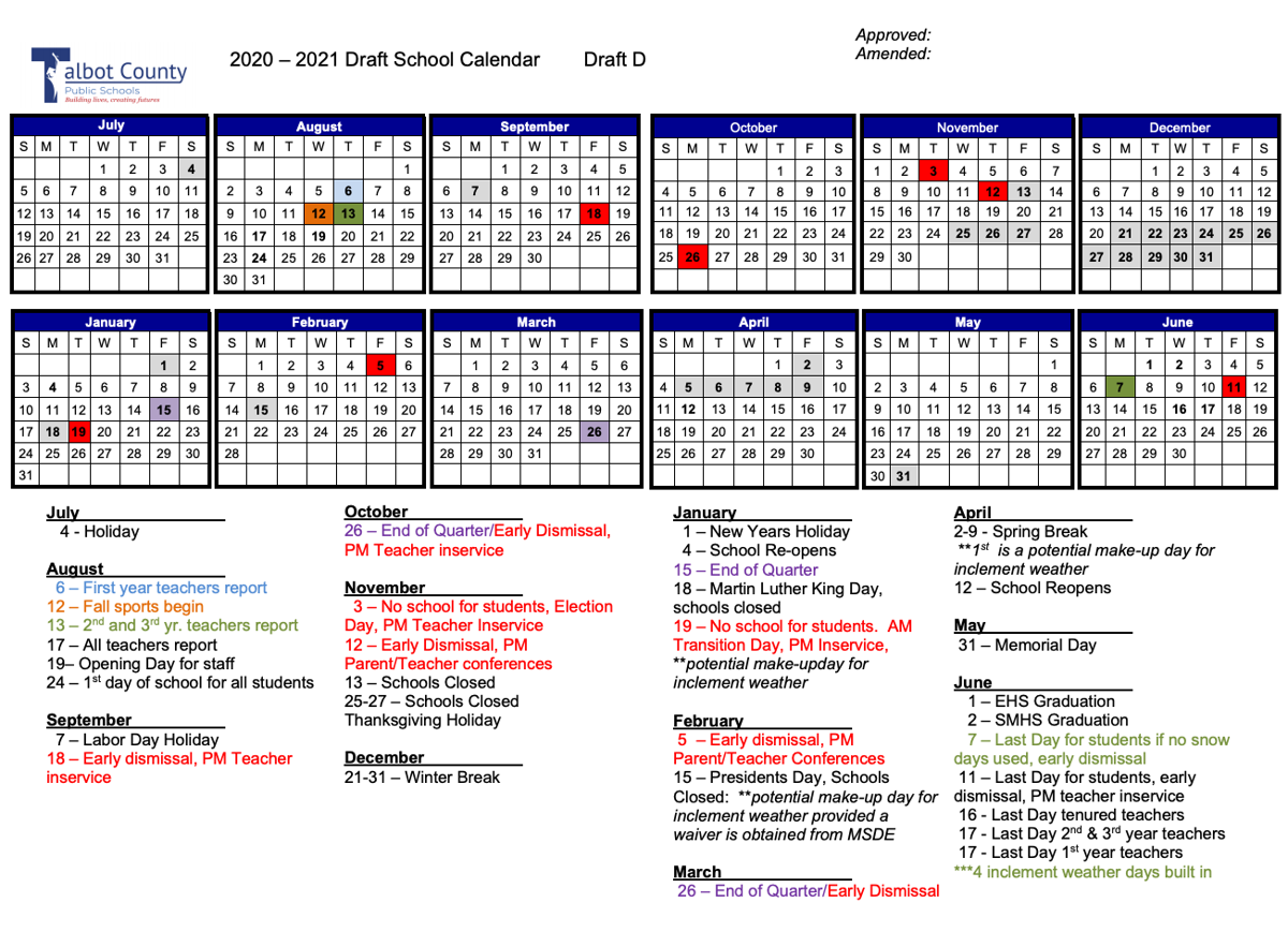 Talbot school board adopts 202021 calendar Local