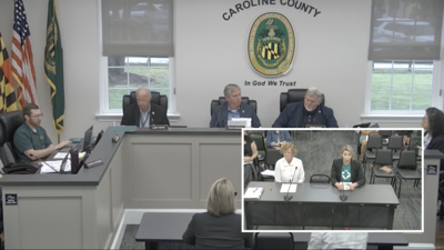 The Commissioners talking with Katie Dilley, chief executive officer and Ann Simpers, behavioral health coordinator at Mid Shore Behavioral Health.