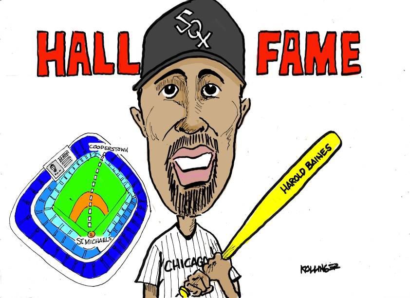 Former professional baseball player Harold Baines talks to the