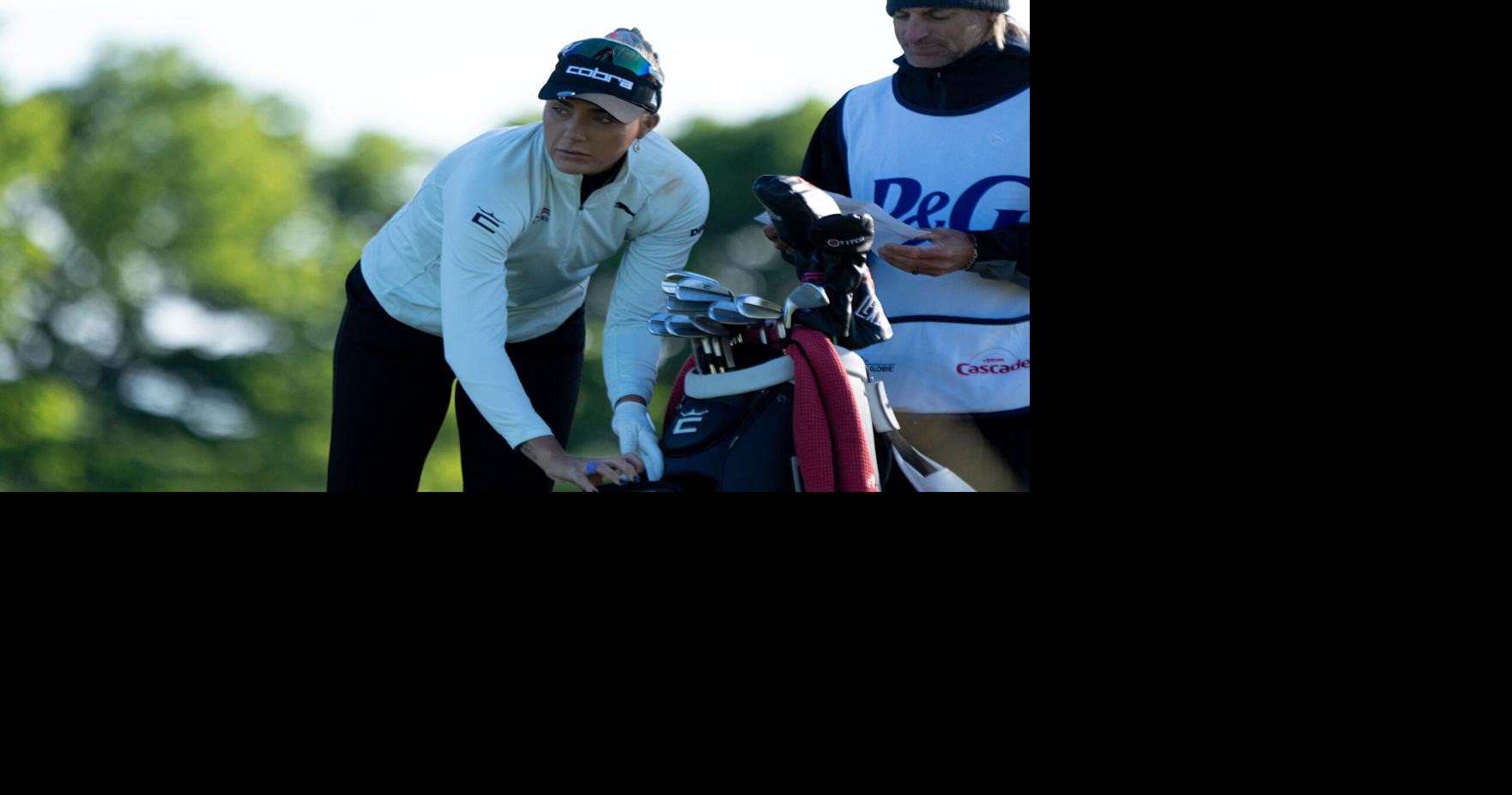Lexi Thompson, of Delray Beach, Florida, prepares to tee off during the first round of the LPGA Queen City Championship at