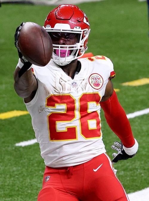 Le'Veon Bell #26 of the Kansas City Chiefs scores a touchdown against the New Orleans Saints during the fourth quarter in the game at Mercedes-Benz Superdome on December 20, 2020, in New Orleans, Louisiana.