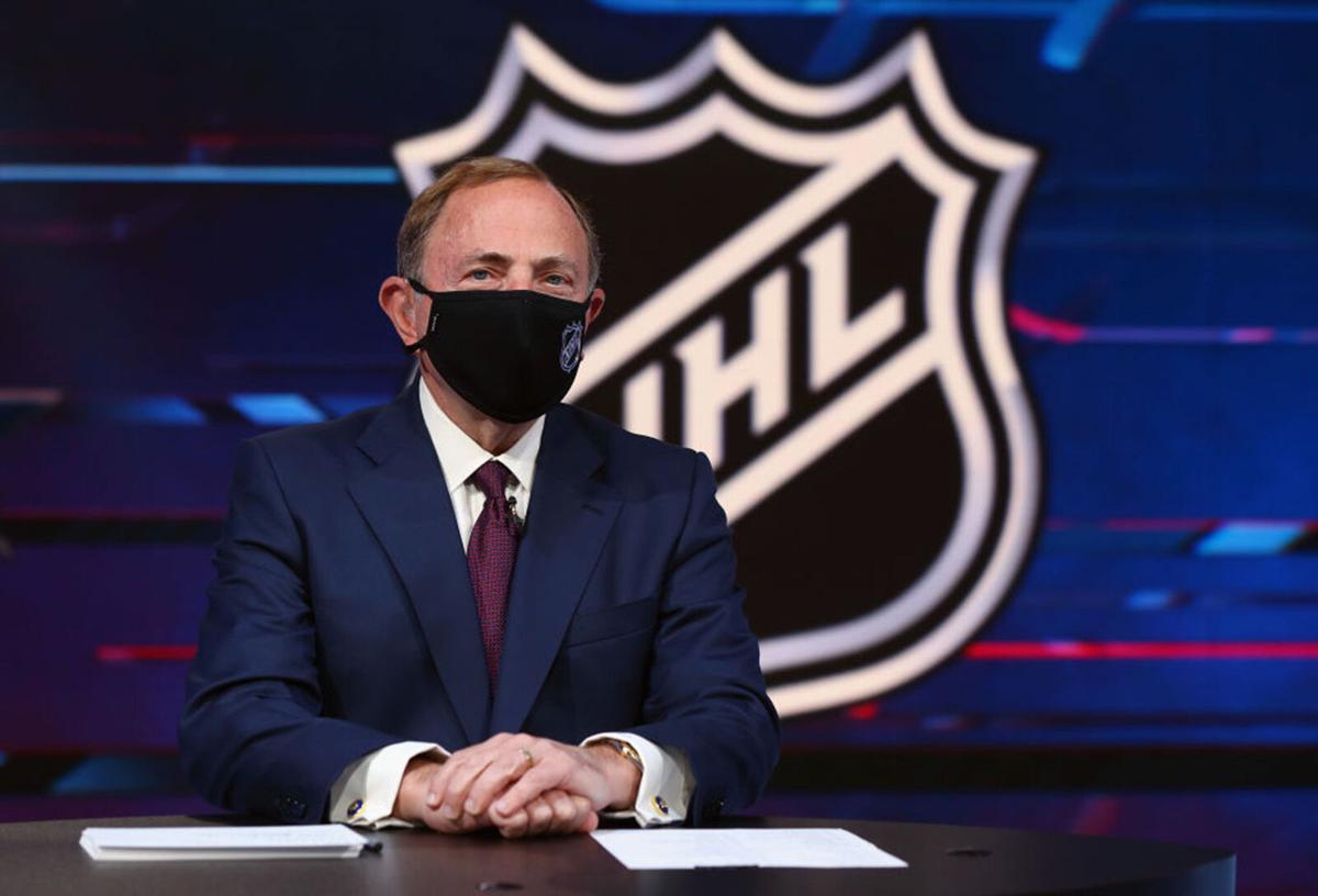 NHL commissioner Gary Bettman prepares for the first round of the 2020 National Hockey League Draft at the NHL Network Studio on October 6, 2020 in Secaucus, New Jersey.