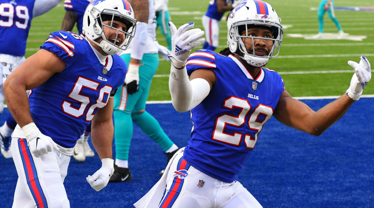 Buffalo Bills cornerback Taron Johnson (7) reacts during the