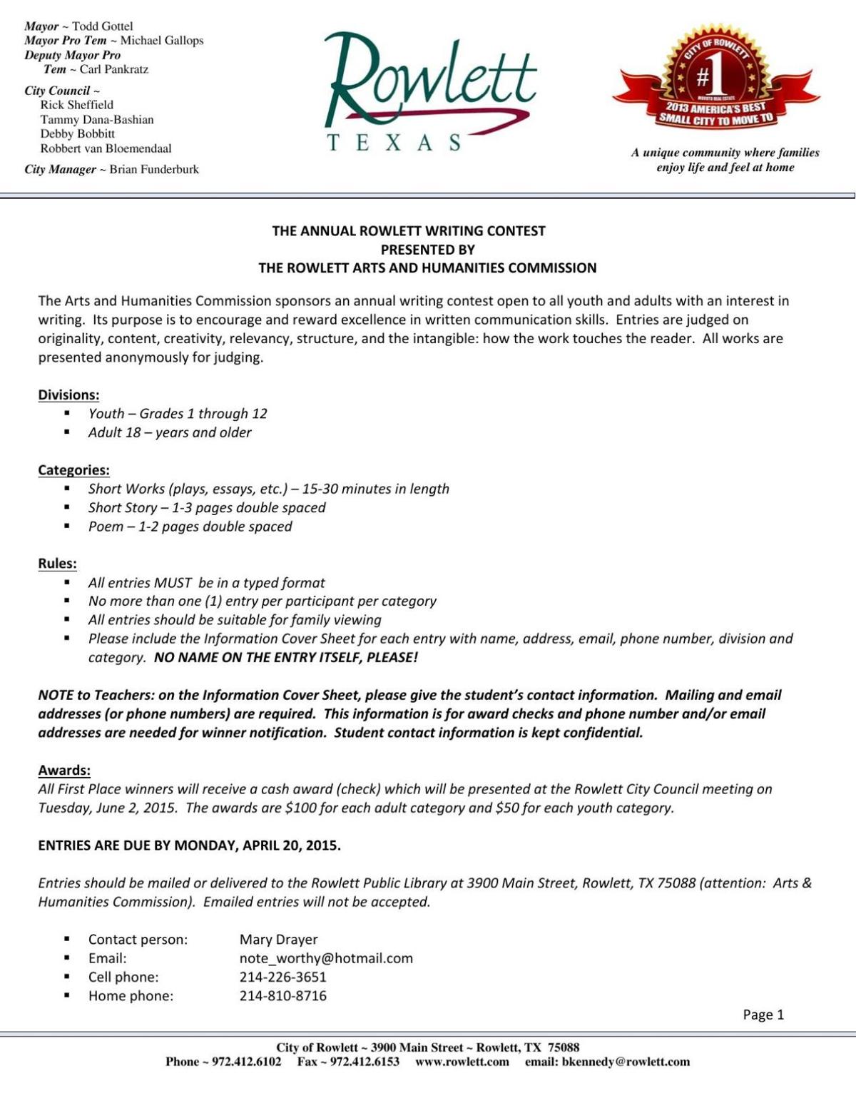 Rowlett Writing Contest Details Starlocalmedia Com