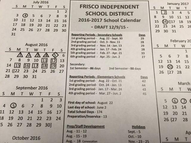 Proposed Frisco Isd Calendar For 2016 17 Has Fewer School Days More Class Minutes Frisco Enterprise Starlocalmedia Com