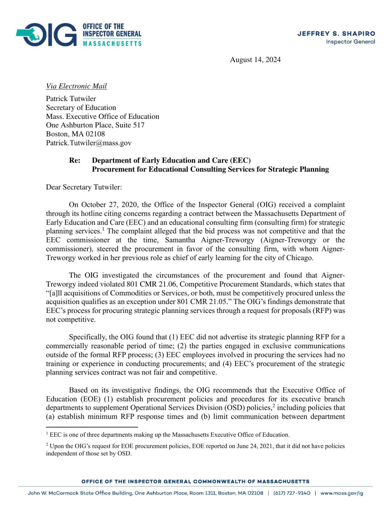 IG Letter On EEC Procurement | | statehousenews.com