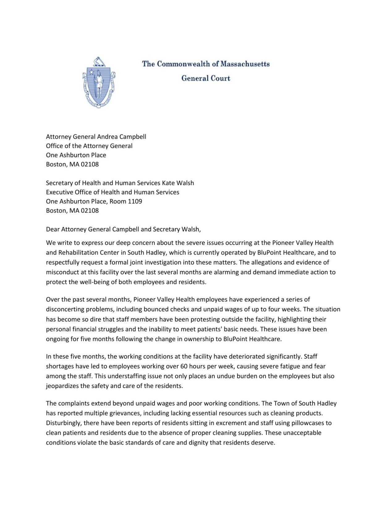 Springfield Ma Letter South Hadley letter | | statehousenews.com