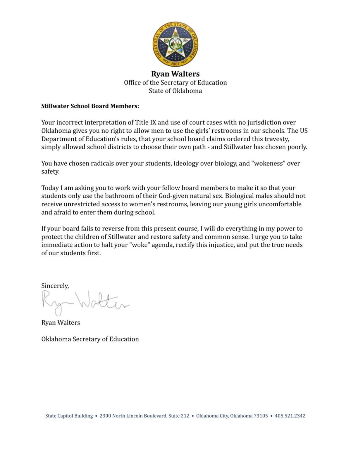 Letter to School Board