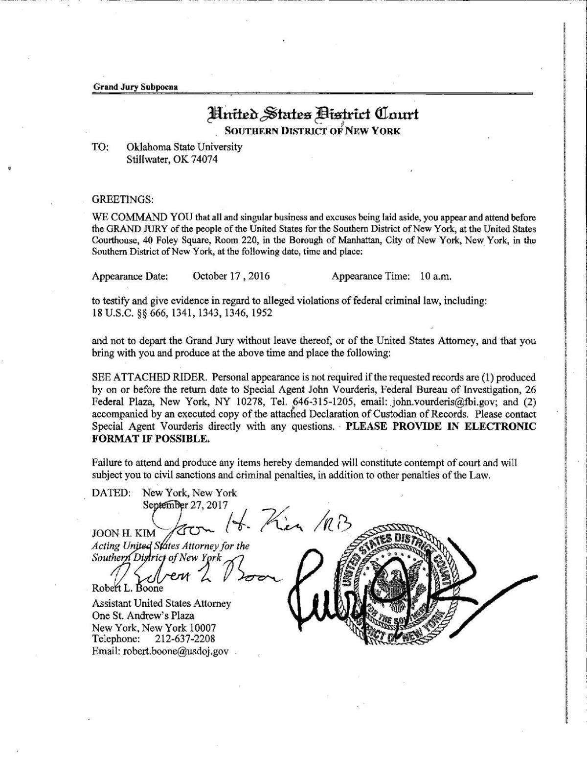Report: Oklahoma State receives grand jury subpoena to provide evidence
