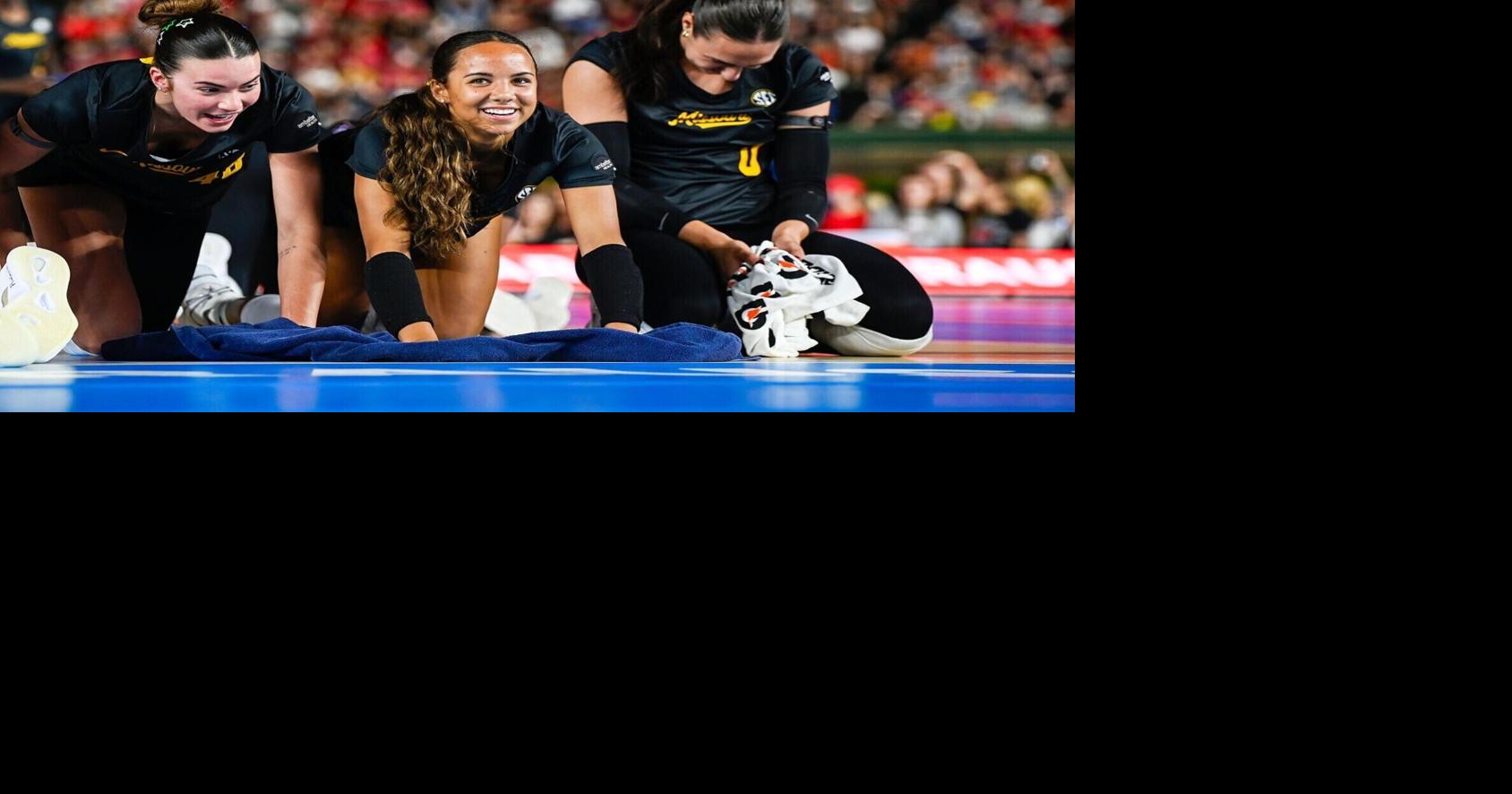 From left, Grace O’Reilly, Zoey Matias-Lopez, and Nina Mandovic drag towels across the court