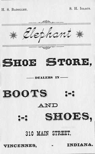 The Elephant Shoe Store ad from the 1891 Vincennes City Directory