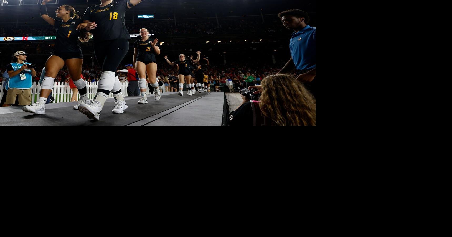 From left, Mizzou sophomore Zoey-Matias-Lopez and junior Claire Morrissey enter the stadium before their match agains...