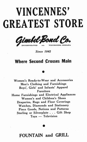 Gimbel-Bond ad from the 1954 Vincennes City Directory