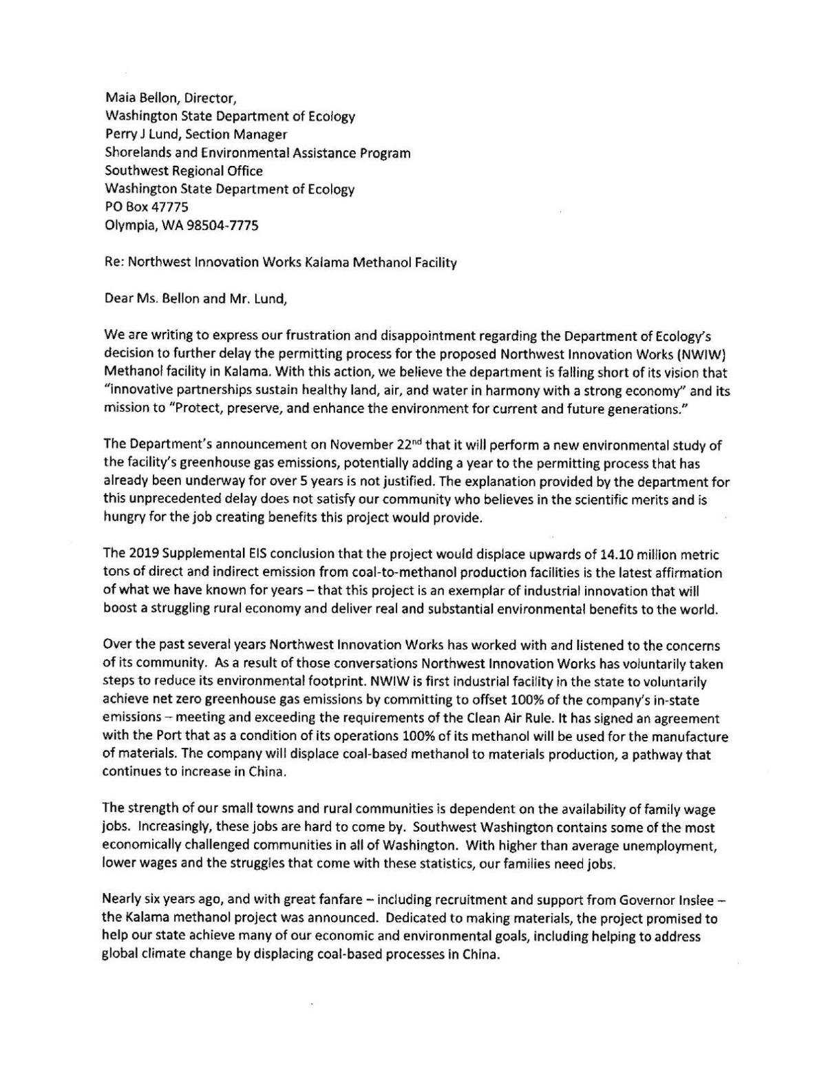 Cowlitz Economic Development Council letter to Department of Ecology