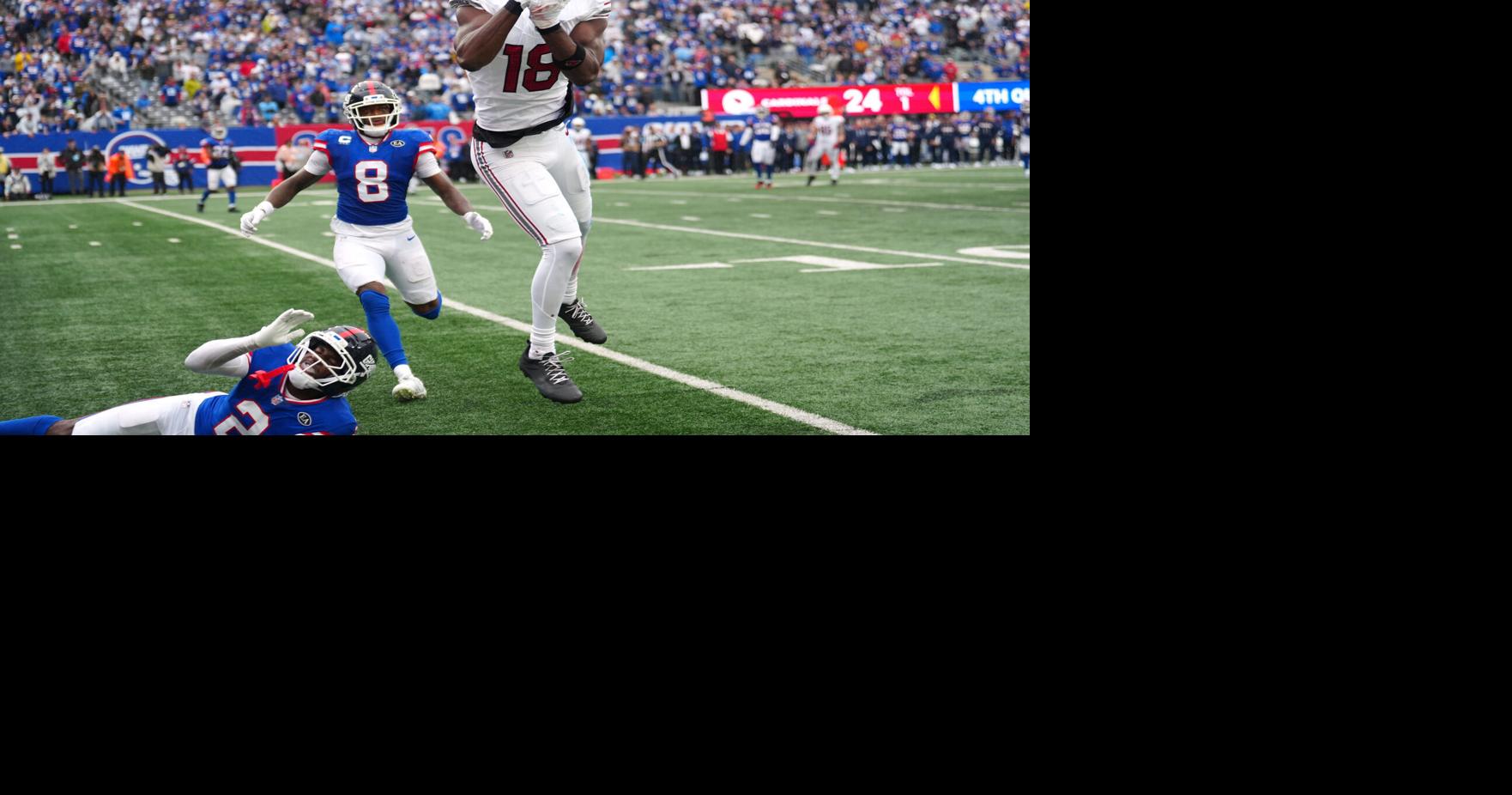 Arizona Cardinals wide receiver Marvin Harrison Jr. (18) misses the pass on the last drive of the game.  The Giants were called