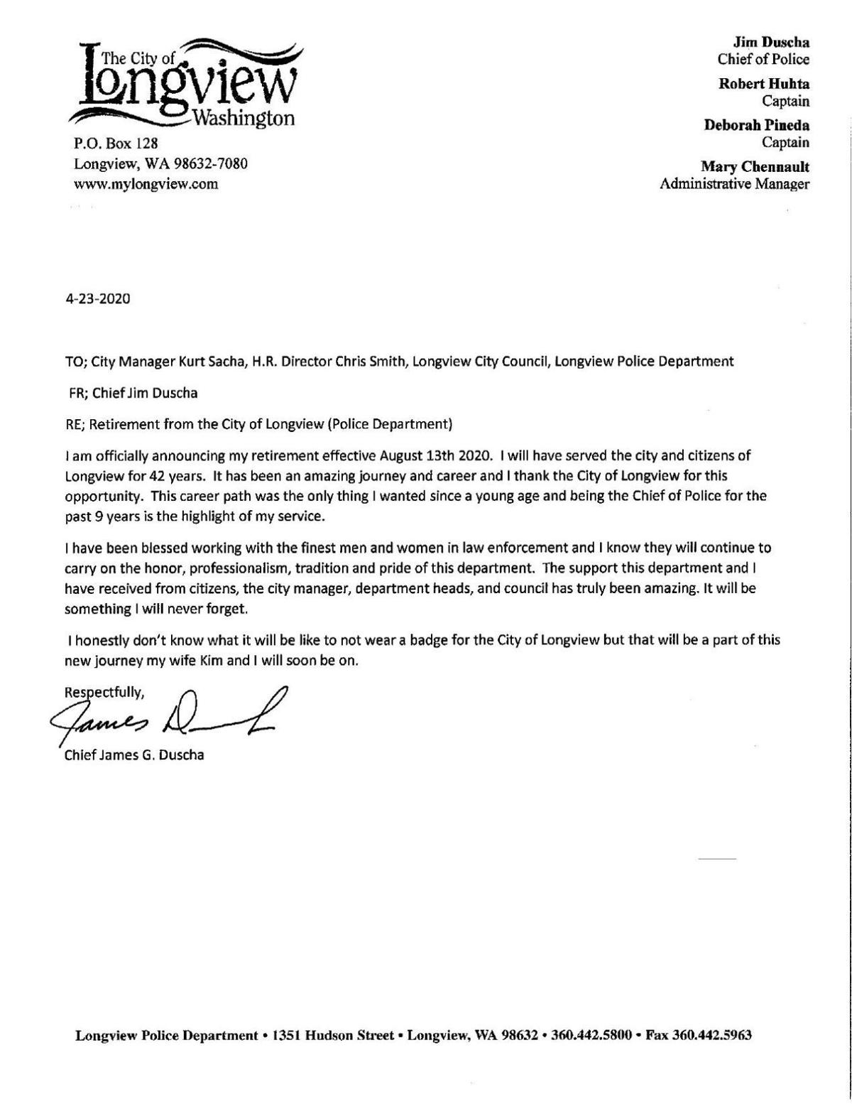 Longview Police Chief Duscha to retire