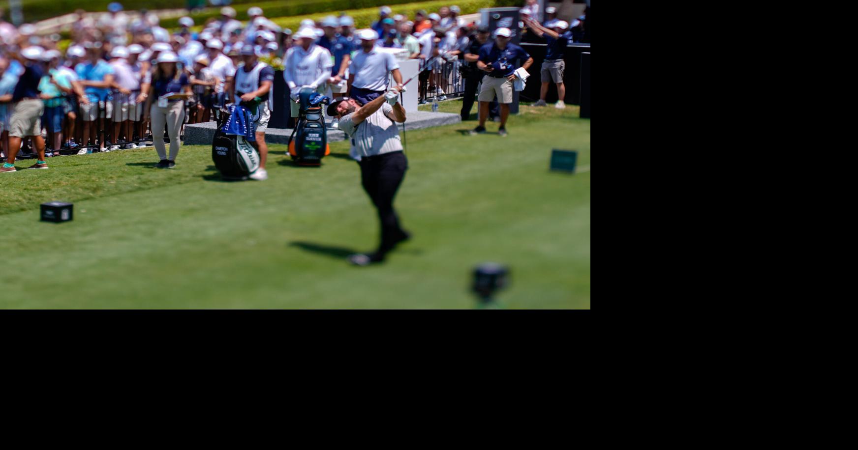 May 1, 2026; Miami, Florida, USA; Cameron Young plays his tee shot on the first hole during the second round of the Cadillac Championship golf tournament. Mandatory Credit: Jeff Romance-Imagn Images – Longview Daily News